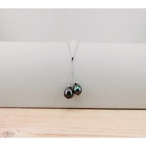 Sterling Silver 8-10mm Black Off-Shape Tahitian Cultured 2 Pearl Necklace 18"